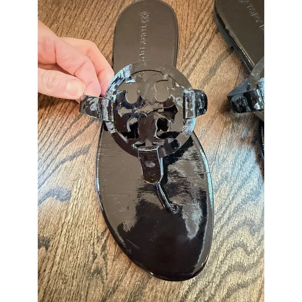 Tory Burch Miller Thong Sandal Women's Sz 9.5 Black patent Leather